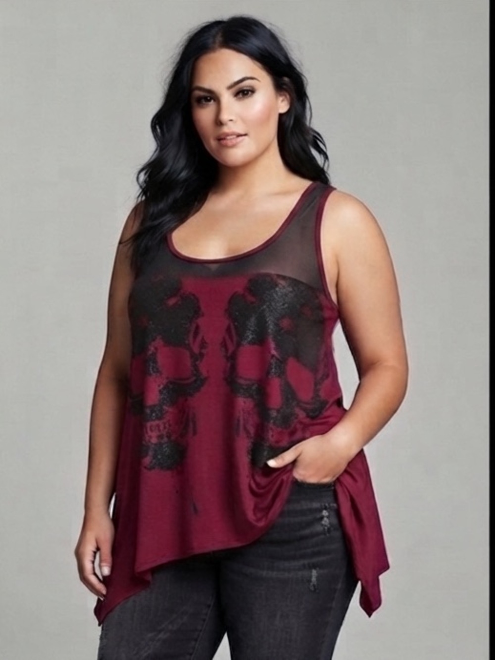MIDNIGHT HOUR Skull Print Mesh Tank Top 2XL 24” + P2P Burgundy